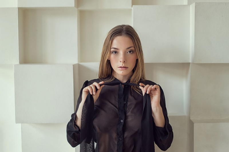 one person, front view, young adult, fashion, 1080P, Olga Kobzar, indoors, beauty, women, clothing, brown hair, hair, standing, see-through clothing, portrait