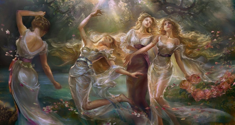 females, flowers, group of people, leisure activity, full length, blonde, young women, people, artwork, fantasy art, beautiful woman, women, real people