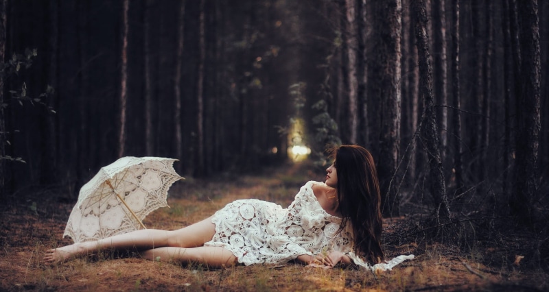 young women, forest, nature, hair, land, woodland, plant, sitting, real people, tree, contemplation, adult, 1080P, young adult, fashion, see-through clothing