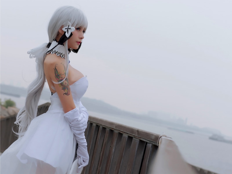 beach, looking into the distance, Asian, white hair, arched back, see-through clothing, long hair, tattoo, strapless dress, 2K, cosplay, women outdoors