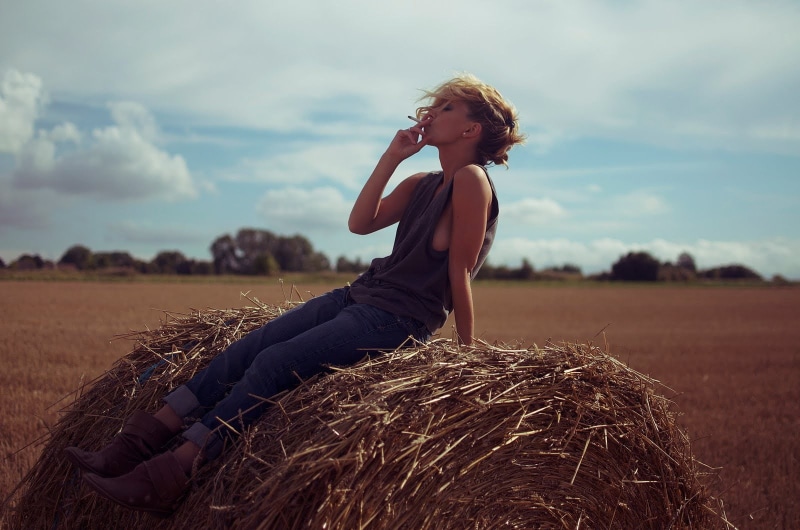hay, field, cigarettes, pierced nose, haystacks, pierced ear, women, smoking, 720P, women outdoors