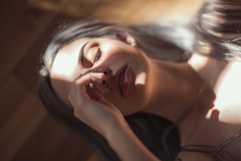 brunette, pierced lip, women, pierced ears, lying on back, closed eyes, Ruby James, portrait, 1080P, face, open mouth