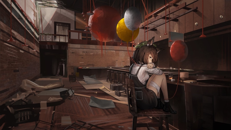 sitting, brunette, anime girls, brown eyes, 5K, fox ears, anime, balloon, Party Room, piercing