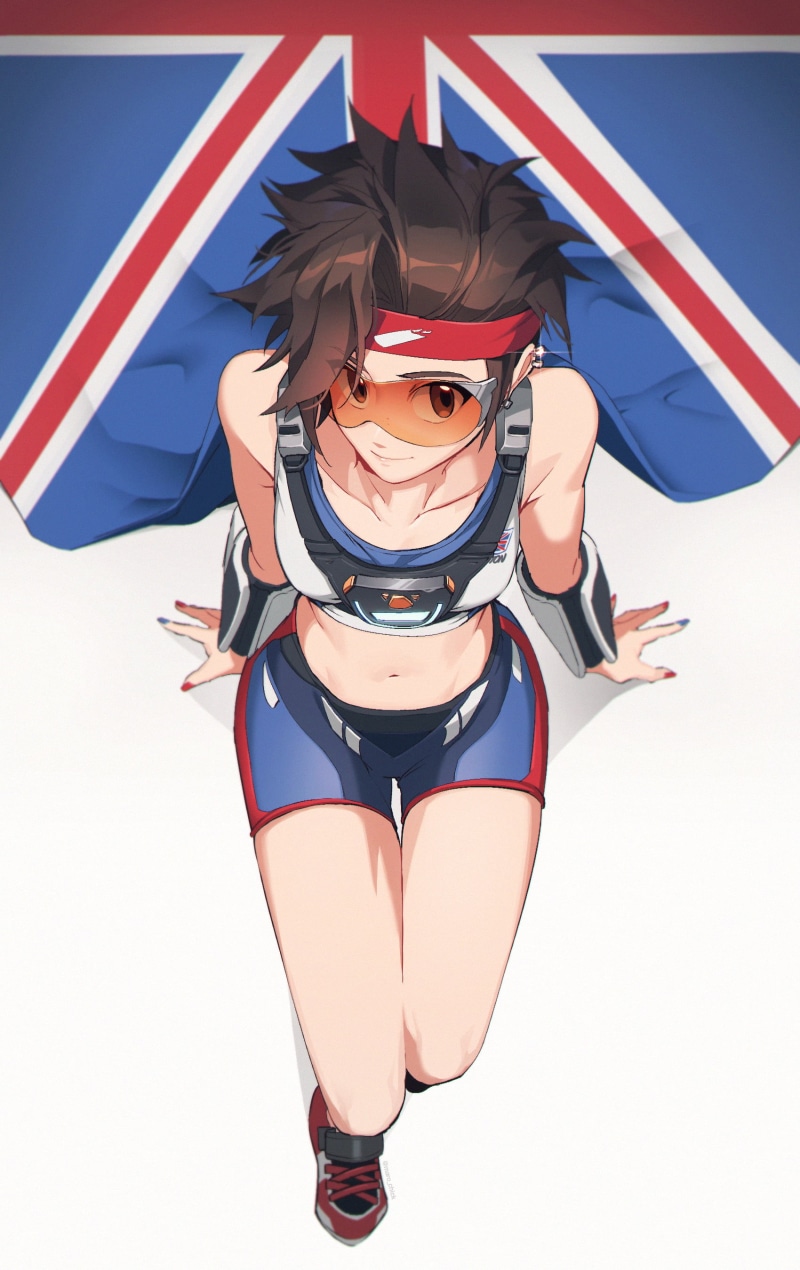 cape, brunette, headband, looking at viewer, 2K, armlet, short hair, looking up, Overwatch, british flag, digital art, Tracer (Overwatch), flag, ear piercing