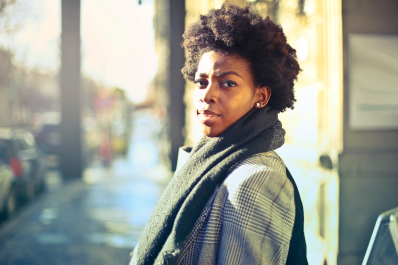 city, young adult, Clothing, woolen, Curly Hair, focus on foreground, outside, African, Park, posing, fashion, young women, calm, looking, Face, citylife