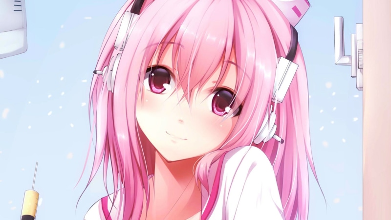 sonico, leisure activity, short hair, headshot, syringe, looking at camera, nurses, day, bangs, nurse outfit, pink eyes, super, close-up, Nitroplus, looking at viewer