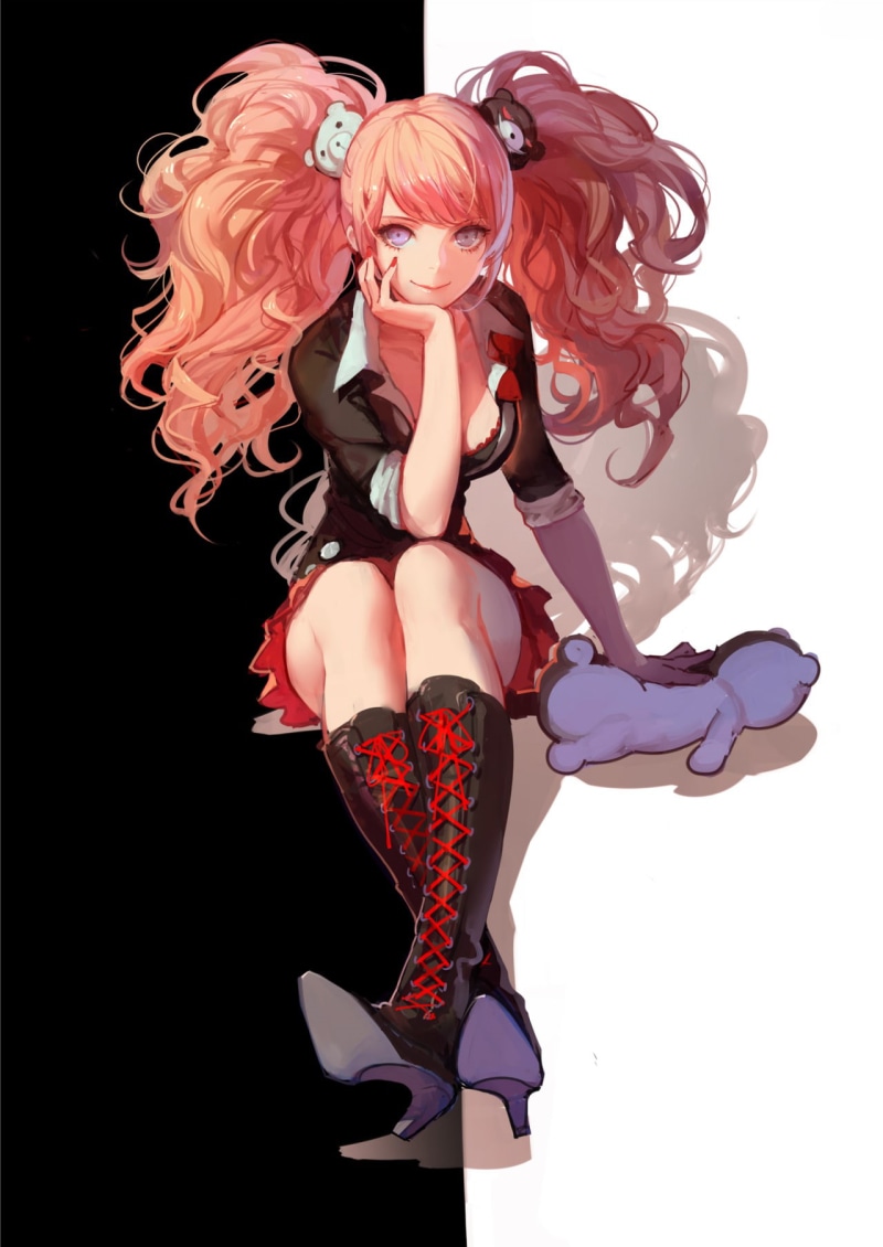 laced boots, Enoshima Junko, Monobear, pink hair, anime girls, boots, Danganronpa, anime, 720P