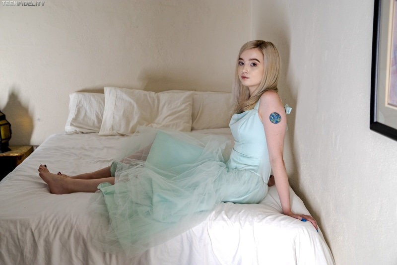 sitting, nose rings, s, 1080P, one person, looking at viewer, tattoo, in bed, contemplation, blonde, blond hair, dress, beauty, women, young women, hair
