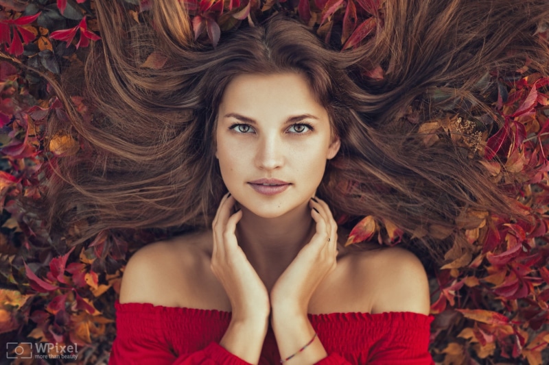 face, autumn, leaves, girl, 1080P, portrait, Wojtek Polaczkiewicz, hair, look, hands, neckline, shoulders