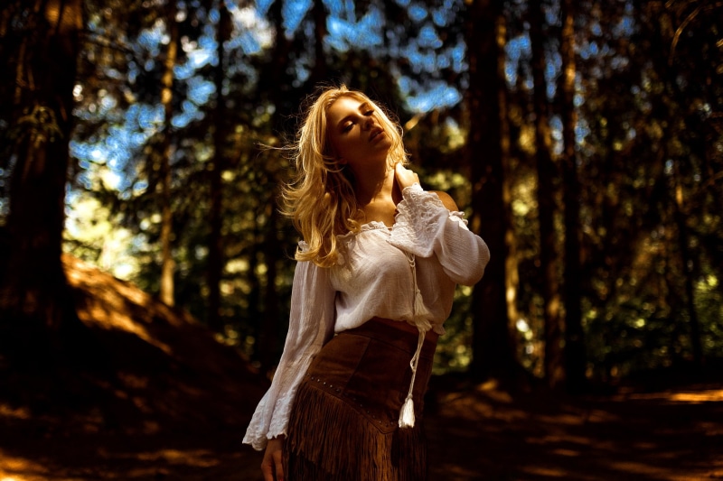 land, Carla Sonre, woodland, trees, blonde, one person, tree, three quarter length, plant, lifestyles, portrait, closed eyes, adult, forest, women, nature