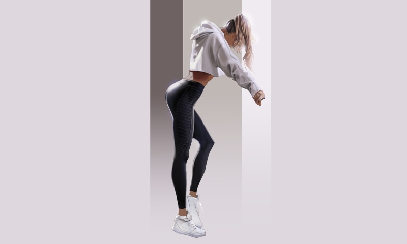 arched back, sports clothing, white background, full length, artwork, lifestyles, women, copy space, indoors, clothing, casual clothing, hairstyle, standing