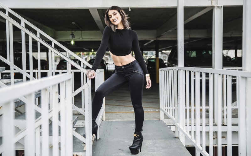hairstyle, beautiful woman, s, railing, young women, Lexy Panterra, women, black, jeans, architecture, one person, full length, young adult, lexy, front view