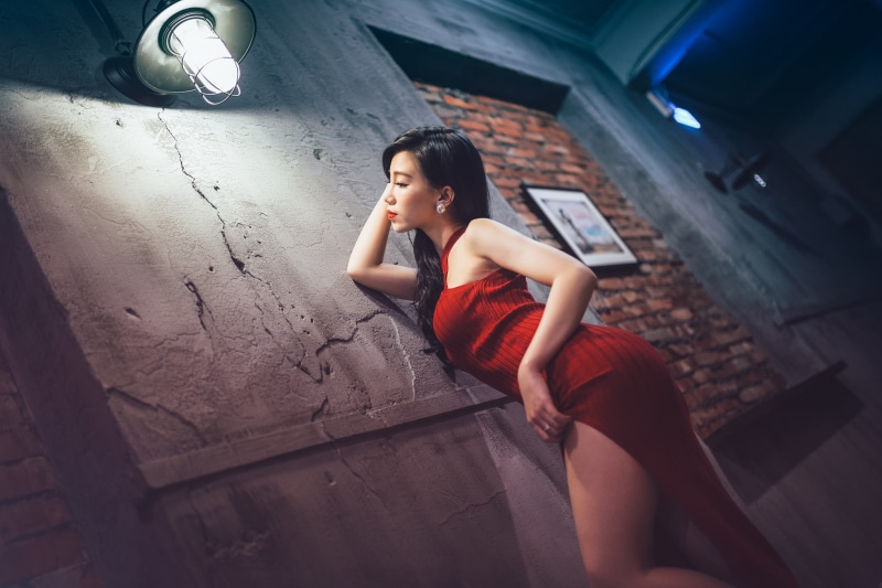 indoors, model, young adult, wall, beauty, beautiful woman, black hair, full length, dress, casual clothing, earring, Asian, women, hairstyle, red dress