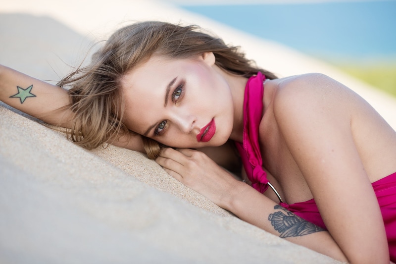 brunette, day, looking at camera, hair, women, young adult, adult, lying down, lying on front, casual clothing, hairstyle, beauty, tattoo, Anastasia Scheglova