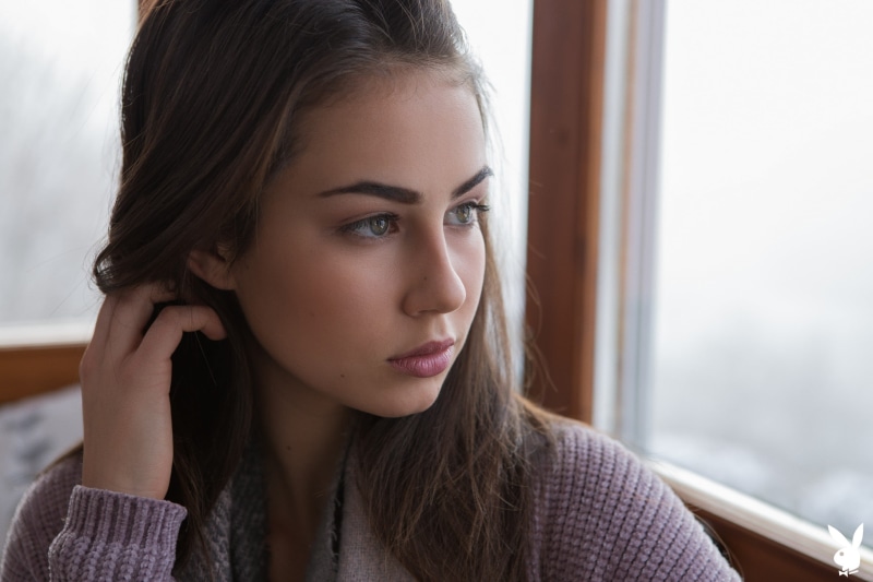 model, pink lipstick, coats, Playboy, brunette, face, women, 2K, women indoors, green eyes, Sophie Limma, Playboy Plus, depth of field