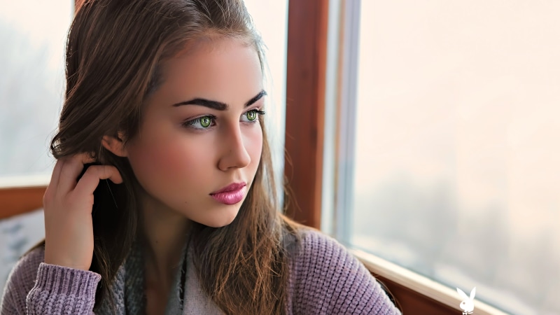 green eyes, face, Playboy, coats, women indoors, looking out window, Playmate, Playboy Plus, depth of field, brunette, Sophie Limma, people, women, portrait