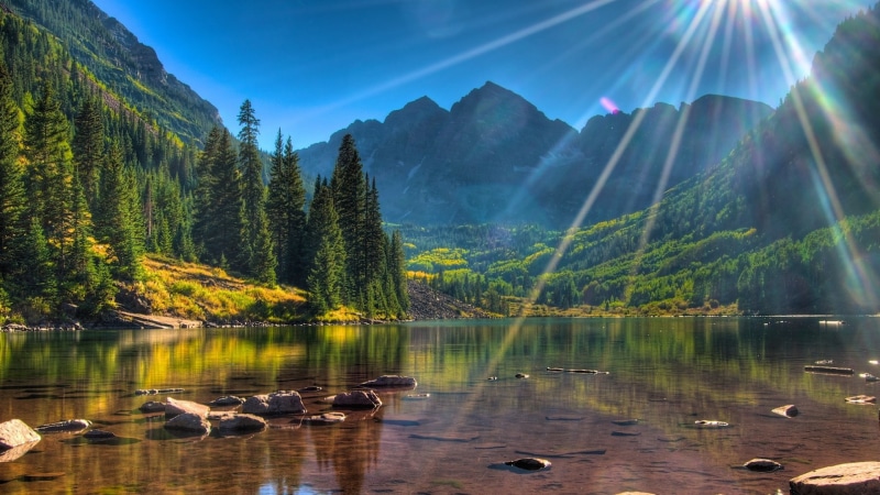 daytime, maroon lake, lake, wilderness, water, 1080P, tarn, mountain, mountain lake, sky, aspen, colorado, maroon bells, sunshine, elk mountains