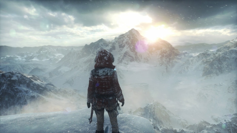 jacket, sky, maroon, outdoors, adult, snow, warm clothing, hooded, winter, nature, standing, scenics - nature, Tomb Raider, cold temperature, one person