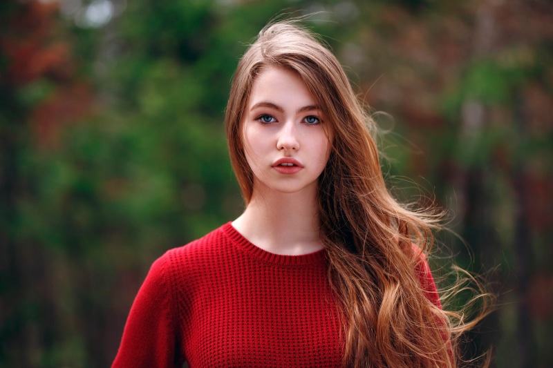 portrait, maroon, teenager, red, women outdoors, one person, beauty, open mouth, hair, long hair, headshot, young women, red sweater, day, face, front view