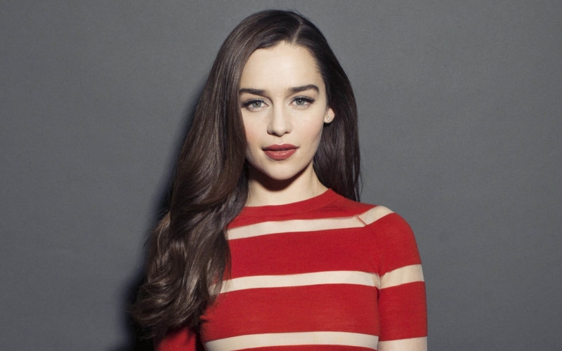 1080P, gray, hairstyle, front view, beautiful woman, Emilia Clarke, hair, actress, looking at camera, headshot, indoors, studio shot, portrait, red, one person