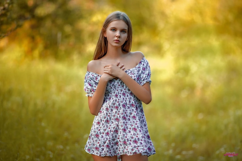 beauty, plant, outdoors, fashion, women, depth of field, summer  dress, standing, minidress, model, women outdoors, sleeveless, front view, blue eyes, casual clothing