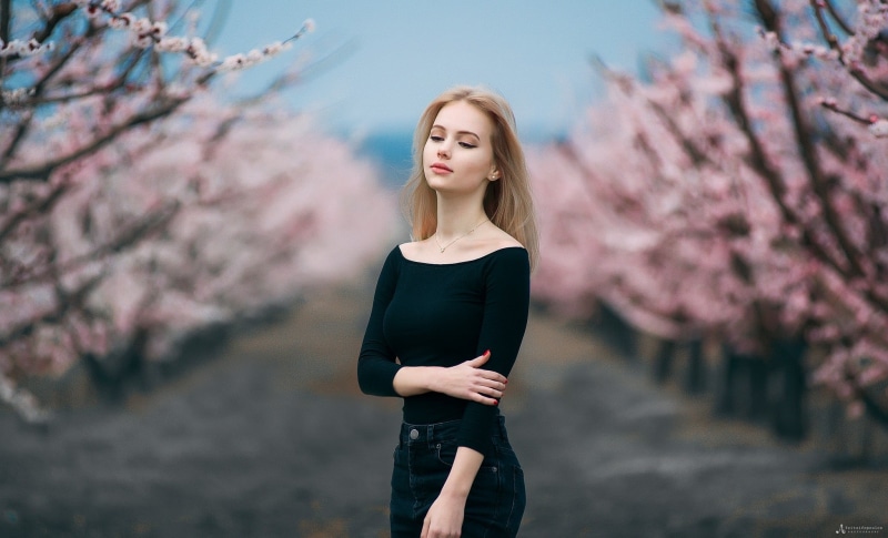beautiful people, Agelos Tzitzifopoulos, cherry blossom, depth of field, tree, hair, beauty in nature, plant, portrait, model, blossom, blonde, nature