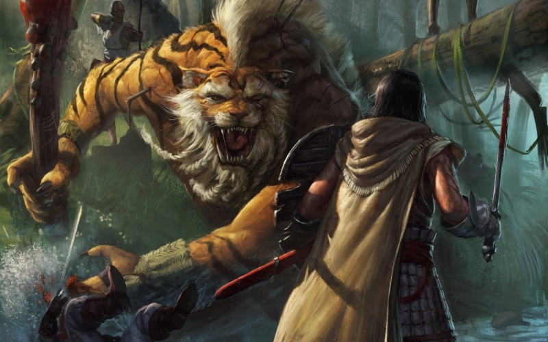 holding, fighting, men, tiger, vertebrate, water, warrior, knight, jungle, artwork, domestic, sword, dog, casual clothing, digital, mammal, domestic animals