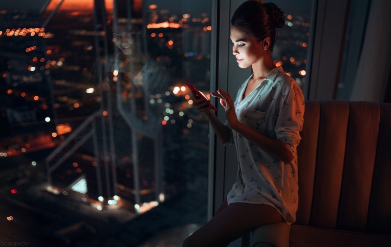 young women, night, standing, three quarter length, contemplation, reflection, illuminated, nightdress, 1080P, outdoors, window, hairstyle, beautiful woman