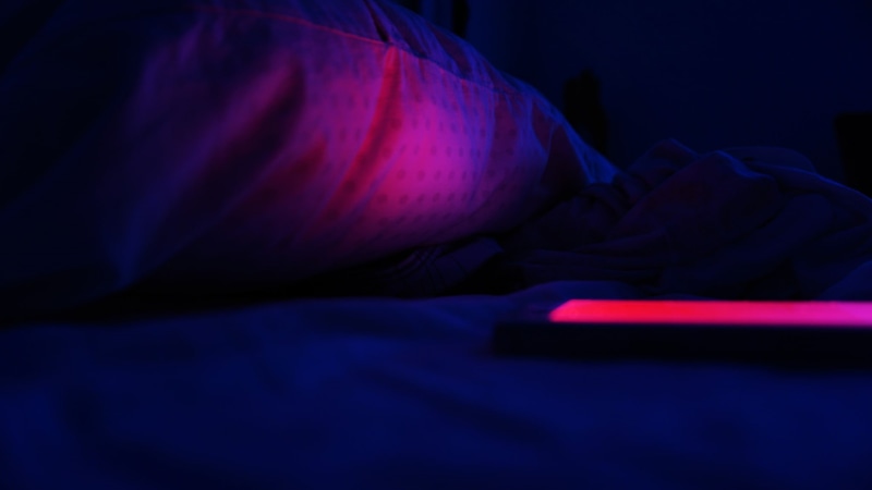blue, night, bedroom, linen, 1080P, crew, glowing, furniture, neck, indoors, shirt, sleeping, relaxation, red, bed, pillow, men, close-up, dark, cellphone
