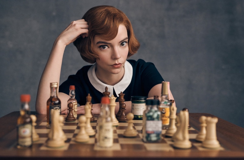 chess, The Queens Gambit, whisky, actress, women indoors, pills, Anya Taylor-Joy, TV Series, sitting, women, 1080P, redhead