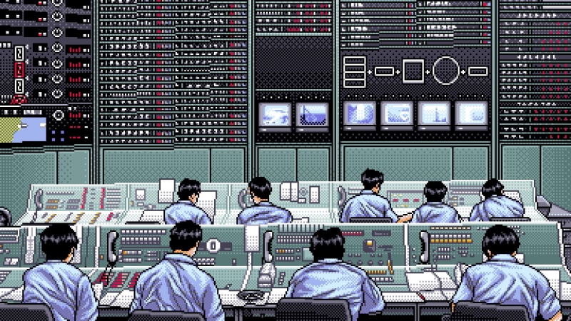 pixels, pixel art, sitting, communication, number, rear view, architecture, telephone, people, digital art, business, text, men, group of people, science