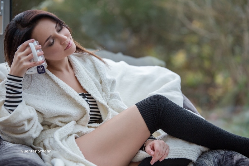 long hair, legs, warm clothing, one person, bathrobes, brunette, closed eyes, Angelina Petrova, young adult, s, using phone, clothing, outdoors, telephone