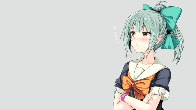 Yuubari (KanColle), teal hair, one person, copy space, simple background, haired, pouting, female, listening, clothing, young adult, young women, lifestyles