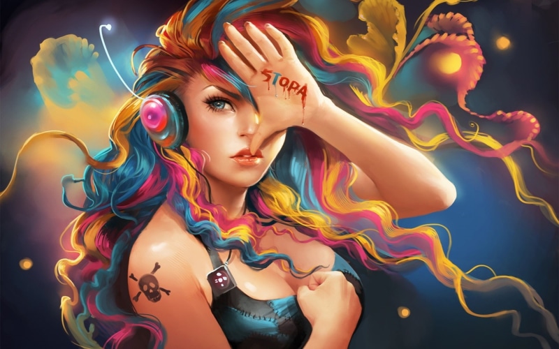 1080P, Listening, Girl, Music, Colorful, Hair, Fantasy
