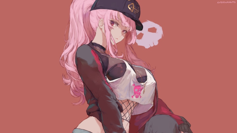 pink hair, 5K, anime, fishnet, sitting, looking at viewer, Hololive, Mori Calliope, cutesexyrobutts, tank top, hat, ponytail, anime girls, curvy