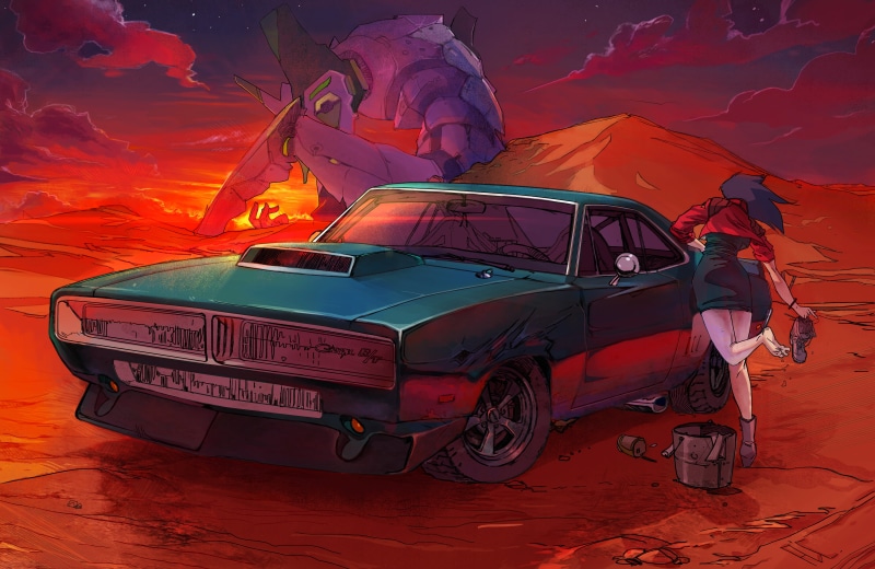 curvy, overcast, anime girls, red sea, car, thigh high boots, fan art, 4K, thighs, Katsuragi Misato, Neon Genesis Evangelion, EVA Unit 01, long hair, red jackets