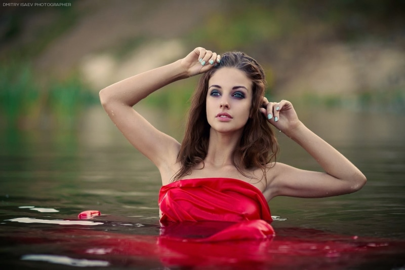 hairstyle, beautiful people, 720P, red, model, river, wet body, swimming pool, women, s, top, one person, long hair, looking at camera, beautiful woman