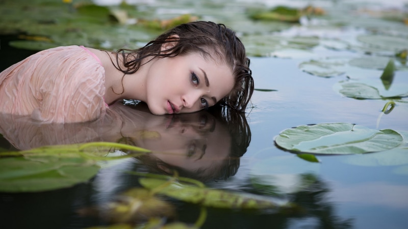 women, photography, Asian, 1080P, portrait, wet hair, women outdoors, leaves, face, water, model, reflection, wet, brunette