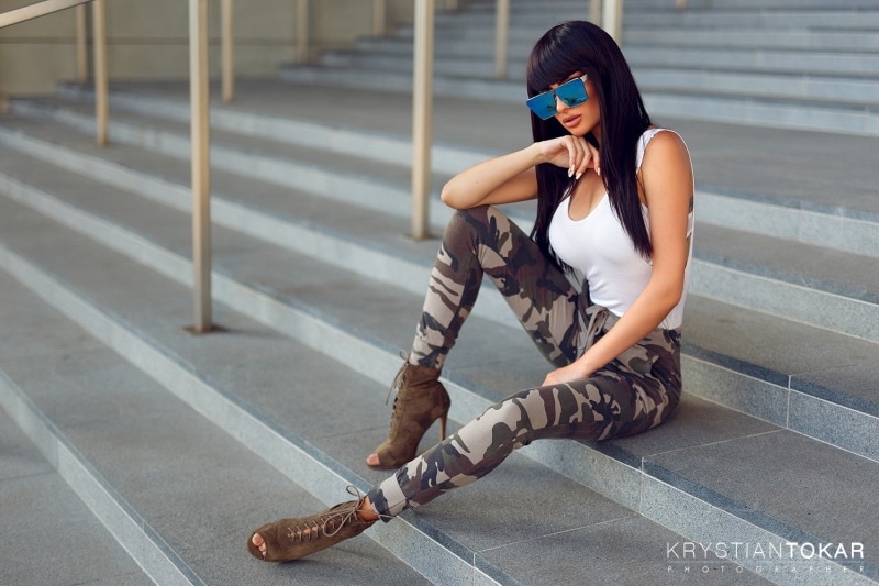 stairs, Krystian Tokar, sitting, sunglasses, brunette, women, pants, juicy lips, 720P, high heels
