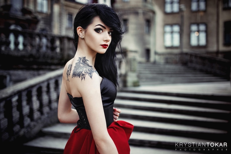 tattoo, model, back, 720P, black hair, makeup, Krystian Tokar, dress, women, wavy hair, long hair