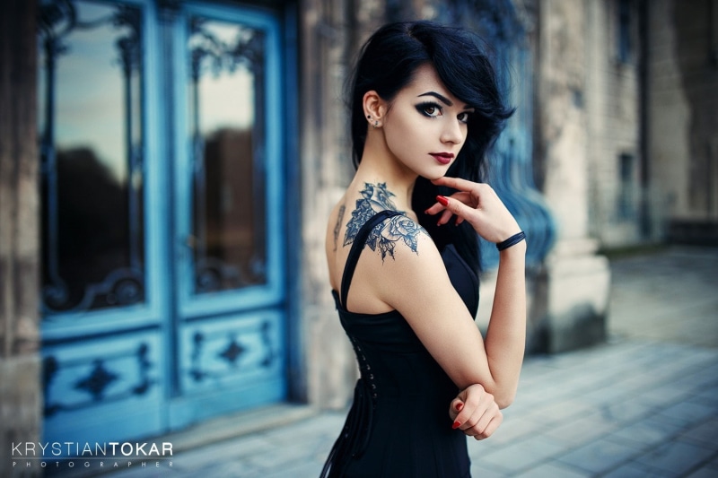 makeup, eyes, tattoo, depth of field, looking at viewer, 720P, Krystian Tokar, model, long hair, women, black hair, dress