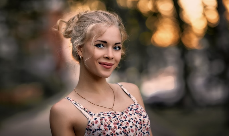 women outdoors, portrait, blonde, Sergey Baryshev, looking at viewer, blue eyes, 1080P, smiling, face, women, model, depth of field