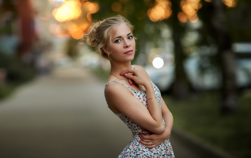 dress, 1080P, face, Sergey Baryshev, depth of field, women, portrait, blonde, blue eyes
