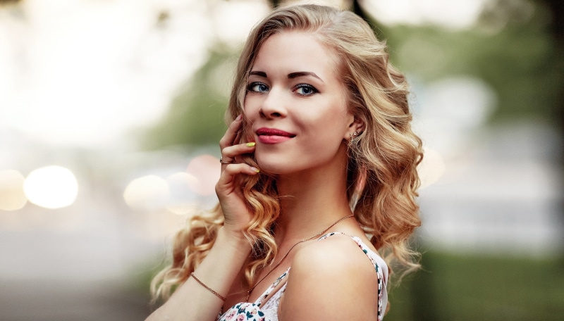 women outdoors, women, blue eyes, portrait, face, 1080P, depth of field, blonde, smiling, Sergey Baryshev, dress
