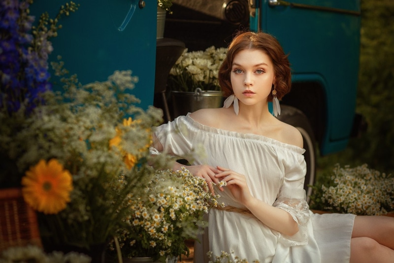 beauty, looking, flowering plant, sitting, looking away, Olya Pushkina, flowers, women outdoors, hairstyle, dress, looking at viewer, young adult, redhead