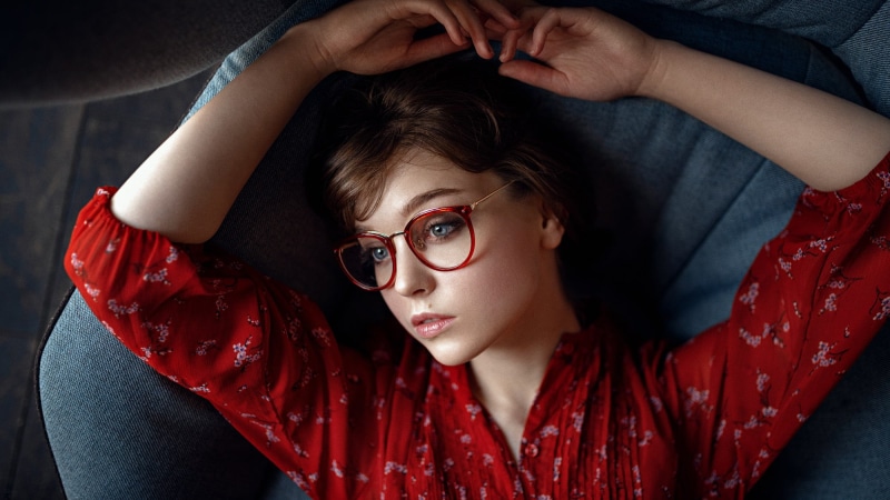 innocence, indoors, childhood, human body part, furniture, leisure activity, portrait, Georgy Chernyadyev, real people, women with glasses, red, looking at camera