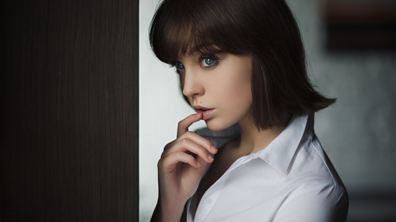 Sergey Fat, women, blue eyes, white shirt, Olya Pushkina, finger on lips, face, 1080P, portrait