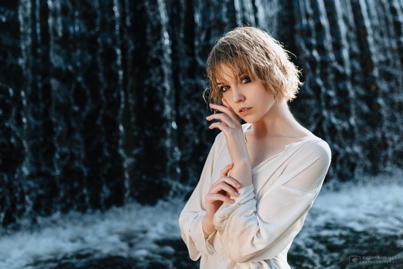water drops, women, water, waterfall, portrait, Olya Pushkina, 720P, blonde