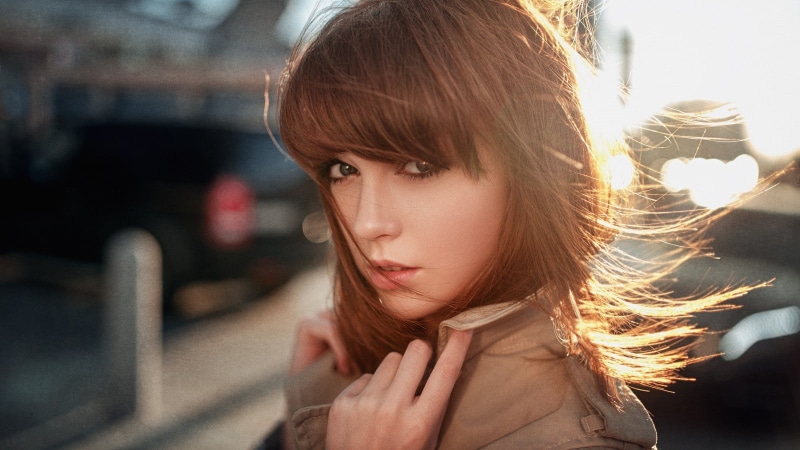 face, redhead, coats, 720P, Georgy Chernyadyev, model, depth of field, portrait, long hair, women, looking at viewer, Olya Pushkina, sunlight