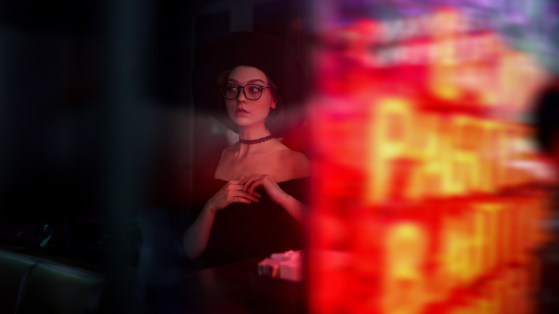 2K, Olya Pushkina, neon lights, neon, bokeh, women with hats, women with glasses, hat, dark, indoors, looking away, bare shoulders, model, necklace, portrait